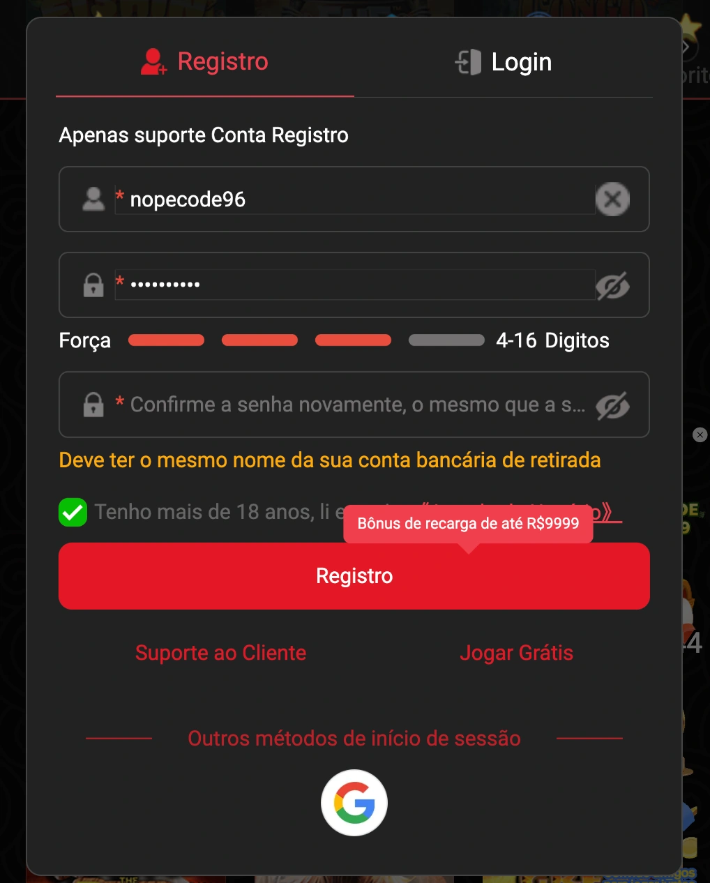 Tela de cadastro no site oficial do 538BET cassino